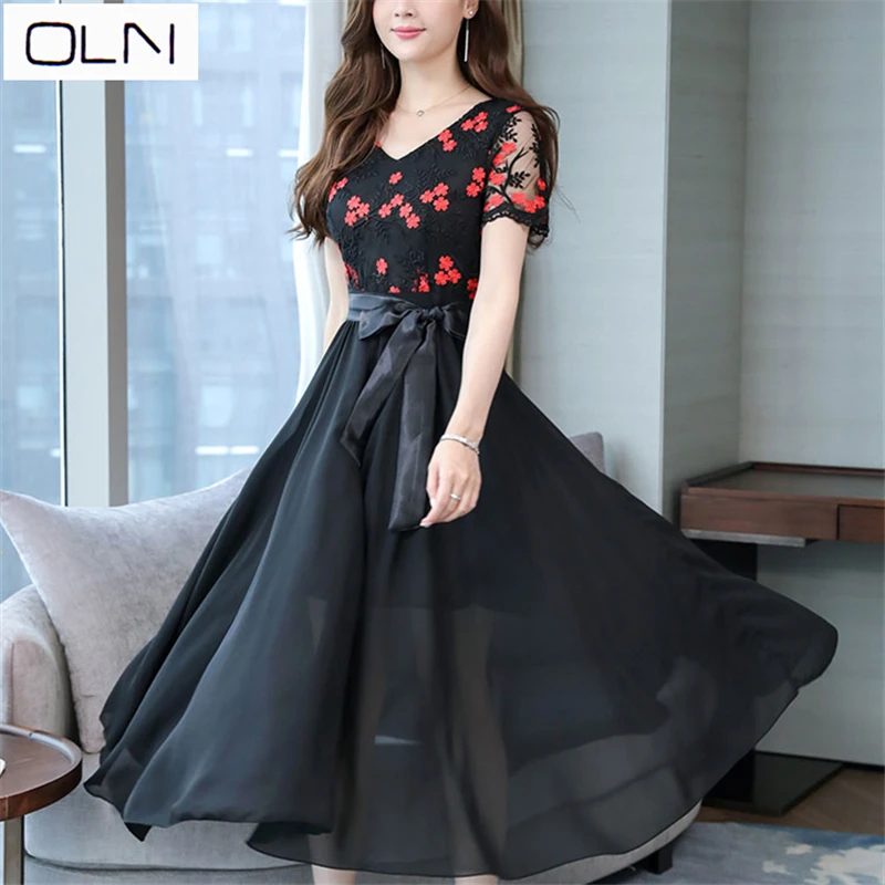 

OLN dress Korean vestidos summer new arrival wholesale Chiffon popular dress the long section thin waist bohemian beach dress