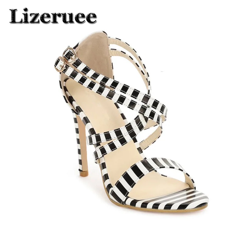 

Size 35~42 Peep Toe Animal Prints Zebra Striped High Heel Sandals Buckle Strap Sexy Women Summer Square heel Lady Dress Shoes