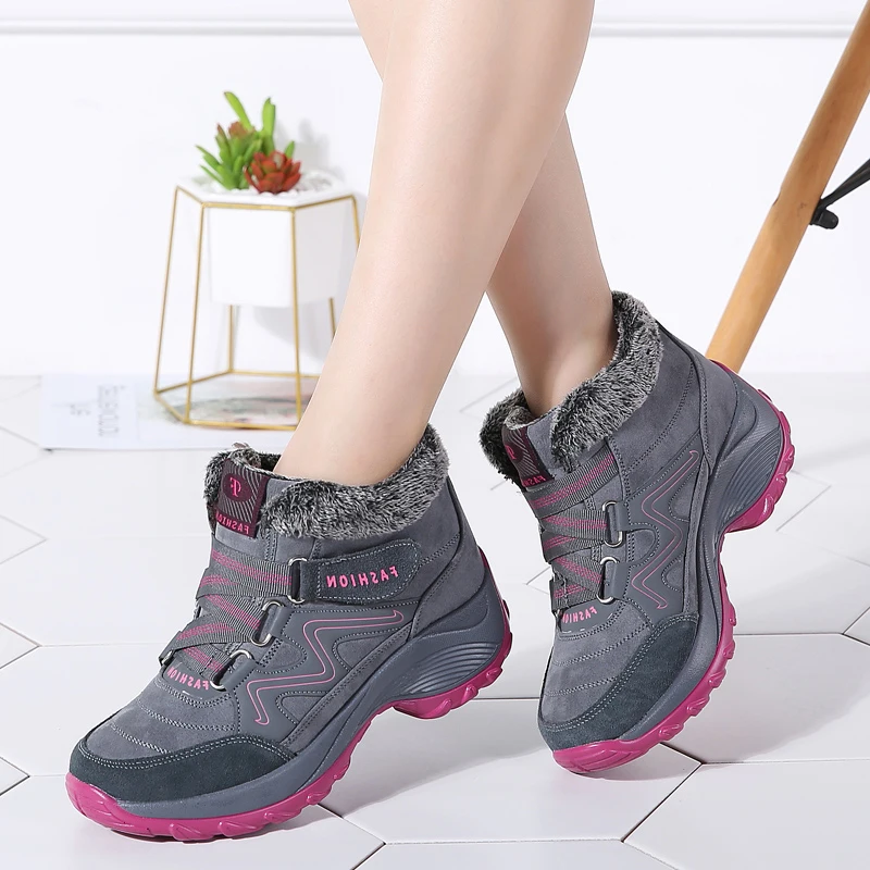 

Women Winter Fur Snow Boots Flat Platform Leather Suede Warm Push Fur Rubber Boots Chaussure Femme Shoes Woman Ankle Boots 6139