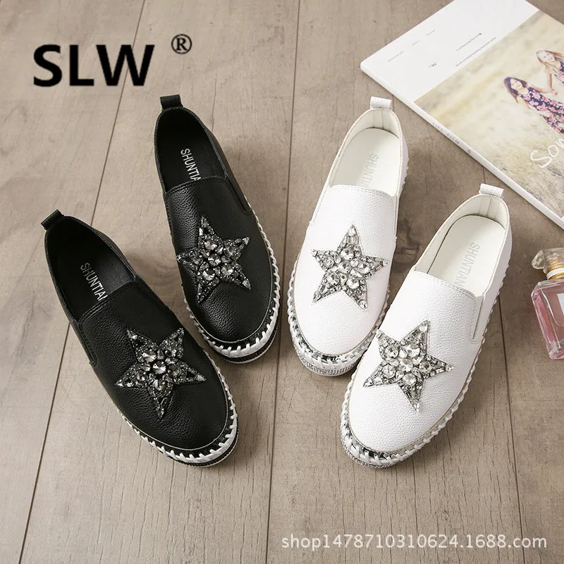 

genuine leather breathable crystal espadrilles woman brand design handmade sewing loafers spring flat platform moccasins femme