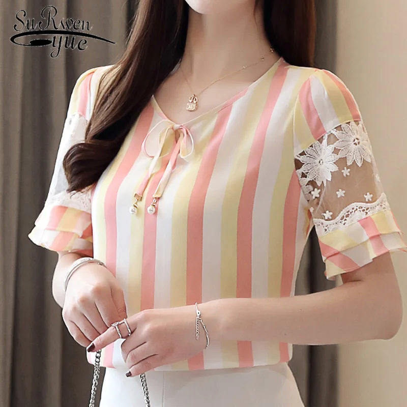 

blusas mujer de moda 2019 short sleeve women shirts striped chiffon blouse women chemisier femme womens tops and blouses 4192 50