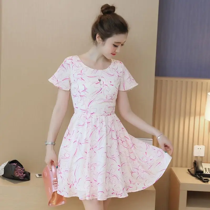 2017 New Fresh Print Cute High Quality Chiffon Korean Japanese Dresses Office Dress Casual White