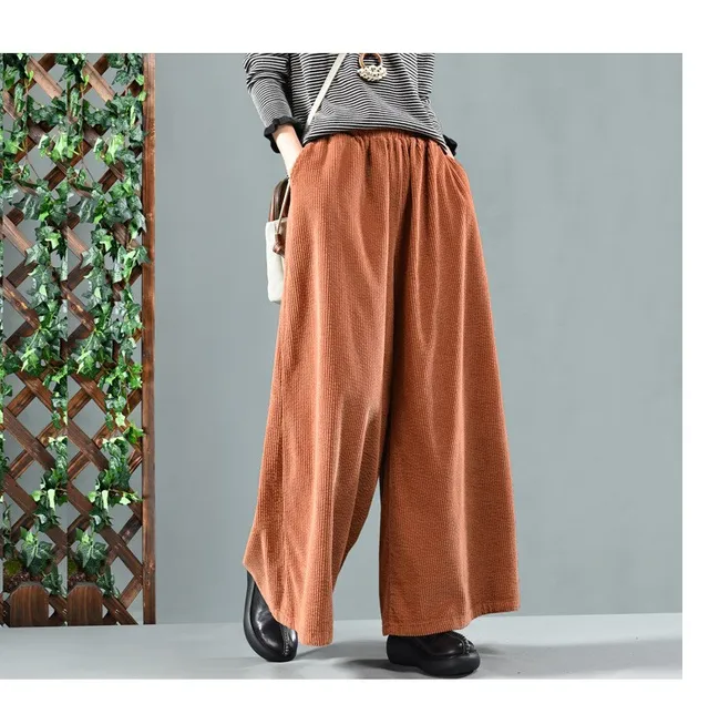 Autumn Winter Retro Casual Corduroy Wide Leg Pants Solid Women Elastic ...