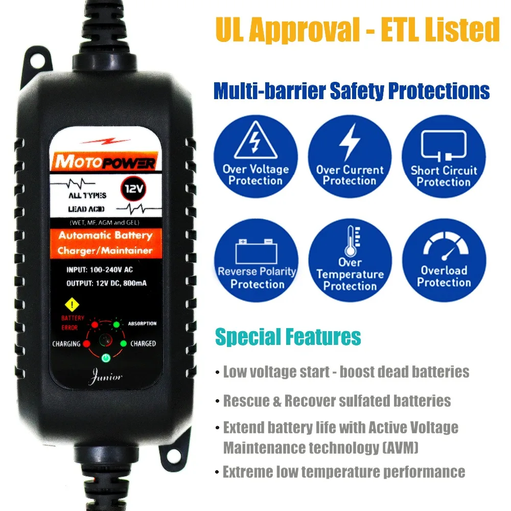 MOTOPOWER 12V 800mA Automatic Smart Battery Charger Maintainer for Car, Motorcycle, RV, ATV, Boat