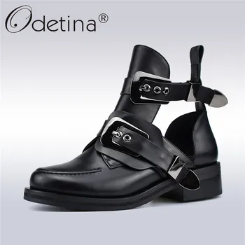 

Odetina Spring Autumn New Fashion Women Ankle Boots Punk Buckle Strap Chunky Heels Round Toe Hollow Out Women Boots Big Size 41