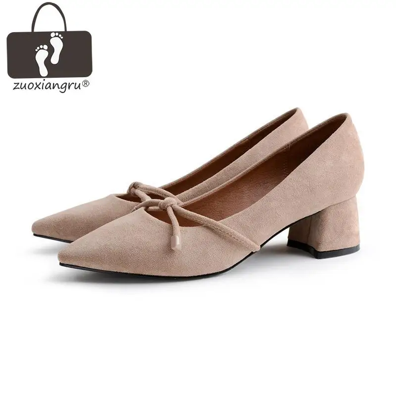

Spring And Autumn Women Pointed Toe Pumps Square Heel Shallow Mouth Single Shoes Bow Tied Decoration Casual Fashion Pumps
