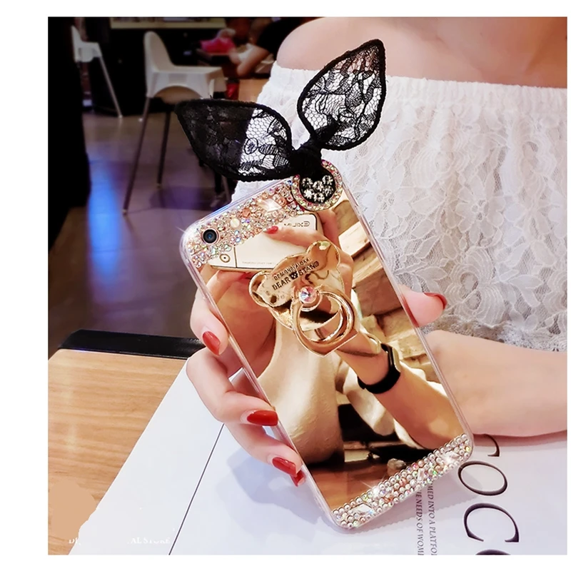 

for Samsung galaxy j2 j3 j4 j5 j6 j7 a5 a7 a8 plus grand prime Cute Bear mount diamond lace ear soft mirror phone case cover