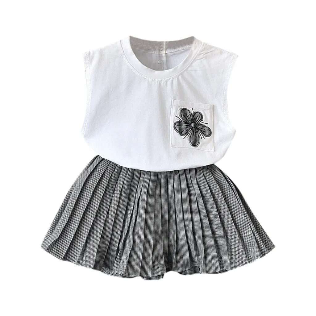 Toddler Baby Girl Infant White T Shirts Tops Floral Plaid Overall Skirt Set Outfits