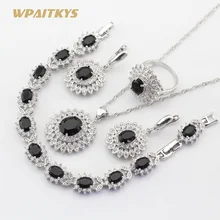 Черный кубического циркония серебряный Цвет Ювелирные наборы для Для женщин партии Цепочки и ожерелья подвеска Браслеты Серьги Кольца подарочная коробка wpaitkys