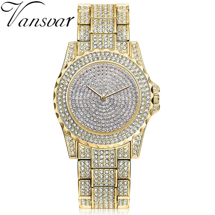 Vansvar Brand Gold Shinning Diomand Rhinestone Bangle Bracelet Wristwatches Women Dress Watch