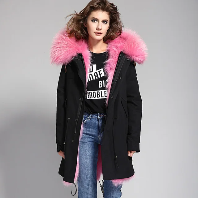 Best price at $273 Cheap Winter Women's Large raccoon fur collar Hooded parkas Detachable Real Fur lining Long Jacket Warm coat outwear