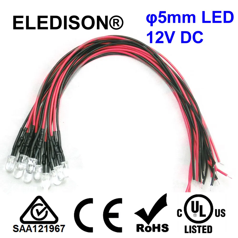 12V DC Mini LED 5 мм с кабелем 20 см сигнальный свет белый красный зеленый синий RGB