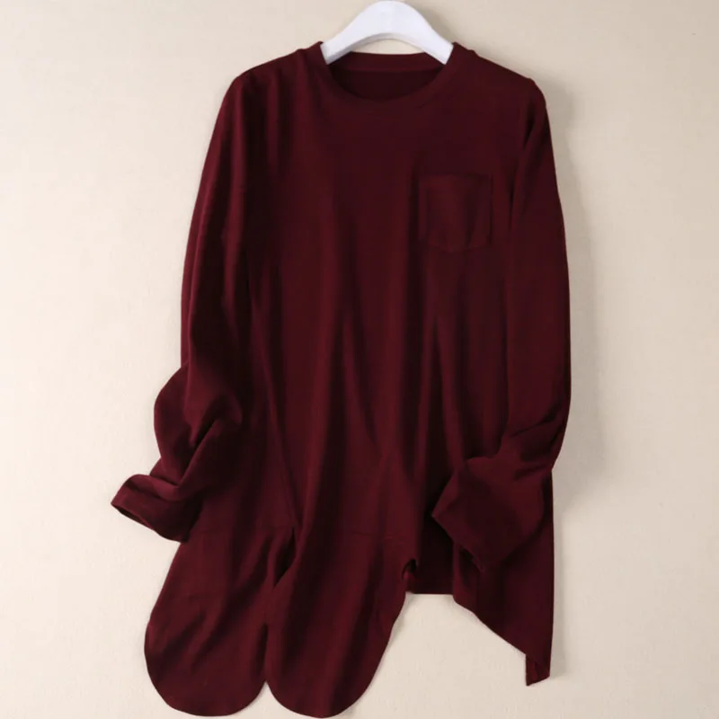 

Autumn Winter Women Cashmere Irregular Hem Round Collar Long Sleeve T-shirts Tees
