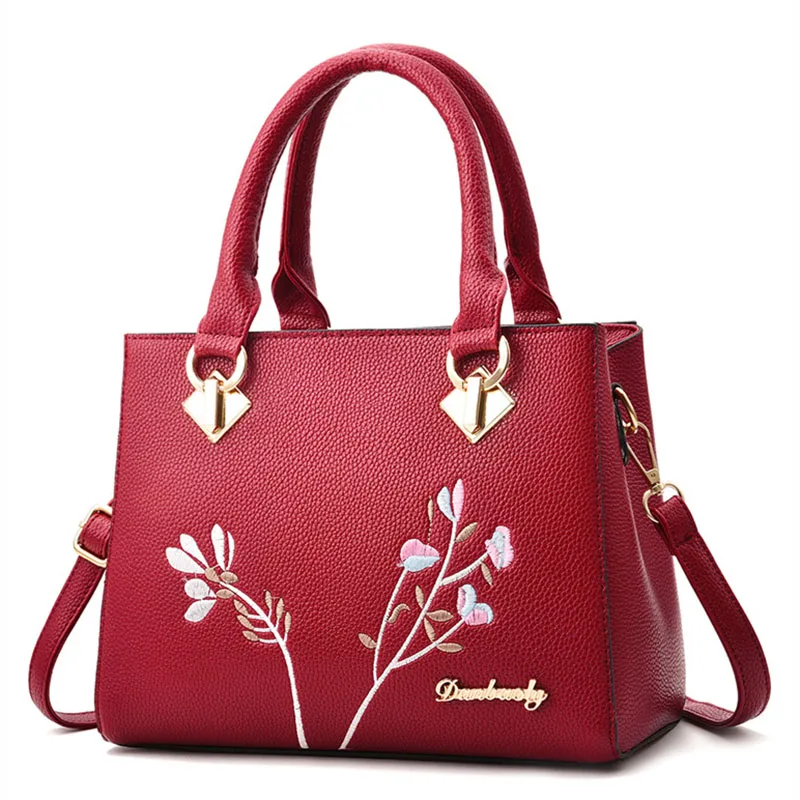 

Fashion Women Handbag Leather Messenger bags Brand Lovely Red Blue Embroidery Floral Women's Crossbody bag Tote Female bags