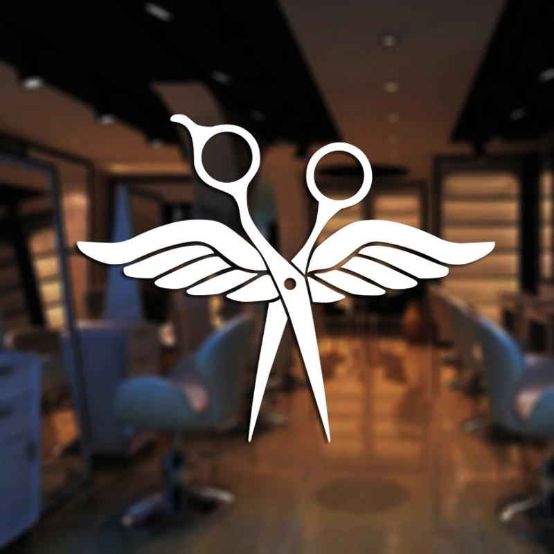 Scissor Wings Barber Shop Sticker Name Hair Salon Decal Neutral Haircut Poster Vinyl Wall Art