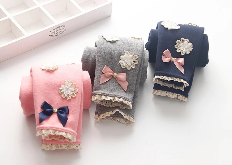 2018 Summer Kids Children Cotton Pink Gray Navy Blue Full Length Capri With Bow Flower Foral Lace Baby Girl Leggings Children (36)