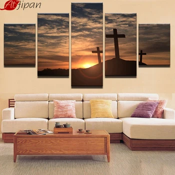 

Painting Picture 5 Panel Mountain Cross Sunset Home Decoration Canvas Wall Art Decor Landscape Canvas Art Painting