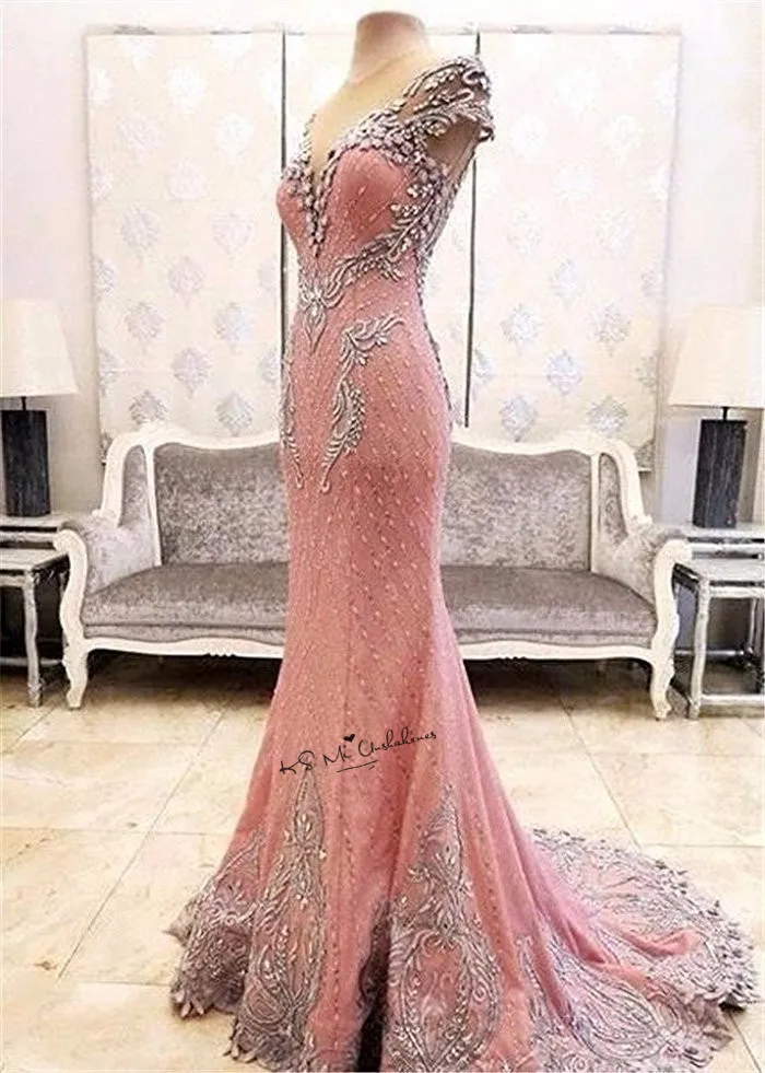 Розовый элегантный скромные длинные платья для выпускного вечера бисером кружевное, с коротким рукавом, Vestidos de gala с низким вырезом на спине Courte Формальные Вечеринка платья