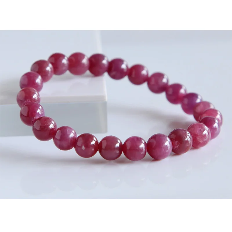 Free Shipping Discount Wholesale Natural Genuine Pink Red Ruby Bracelet Smooth Round beads Finished Stretch Bracelets 8mm 02821