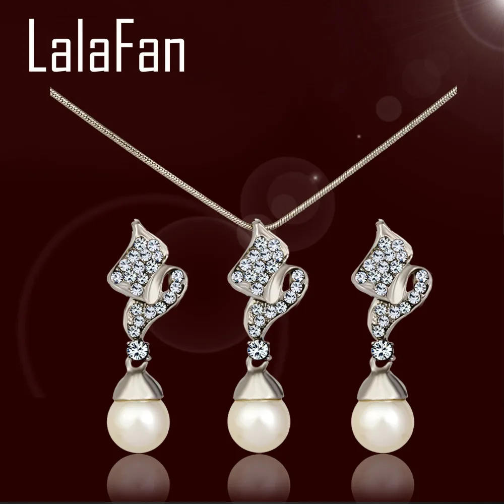 Bijoux Accessories Platinum Color CZ Artificial Pearl Flower Women Necklace + Earrings Wedding Jewelry Sets For Brides C027 | Украшения и