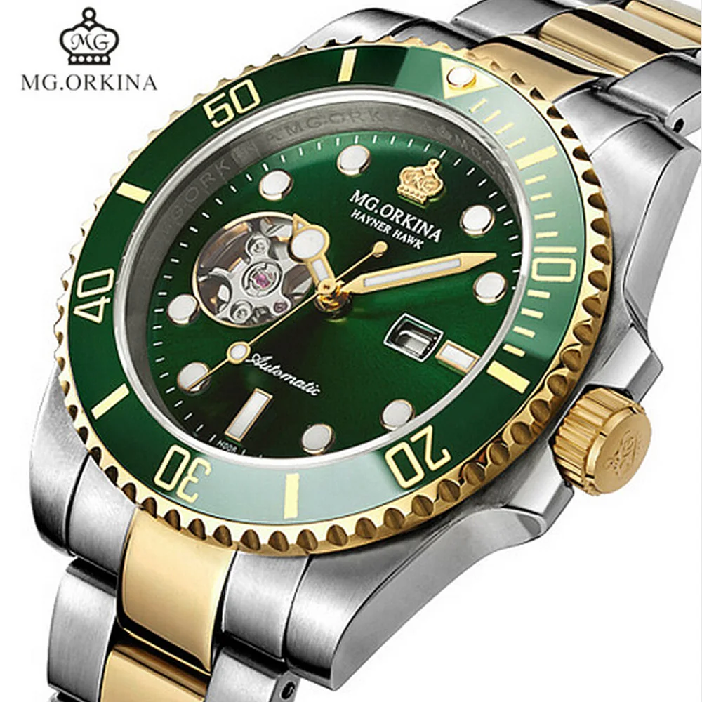 

Top Brand MG.ORKINA Automatic Mechanical Watches Men 316L Stainless Steel Watches Luminous Green Dial Men Watch 30M Waterproof