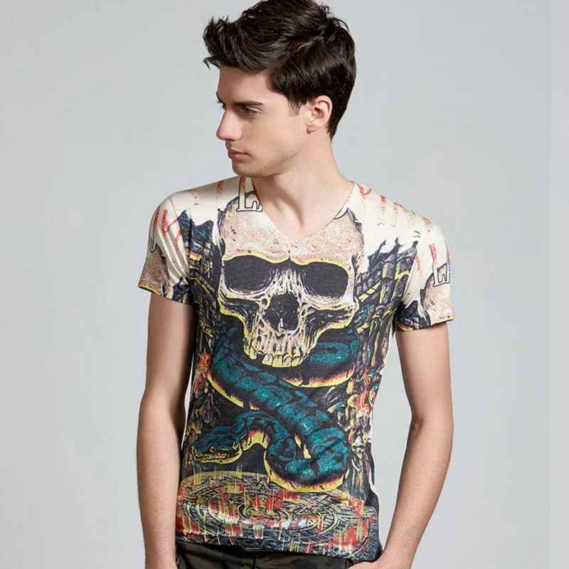 MIUK Skulls Short Sleeve V-neck Cotton 3D Print No...
