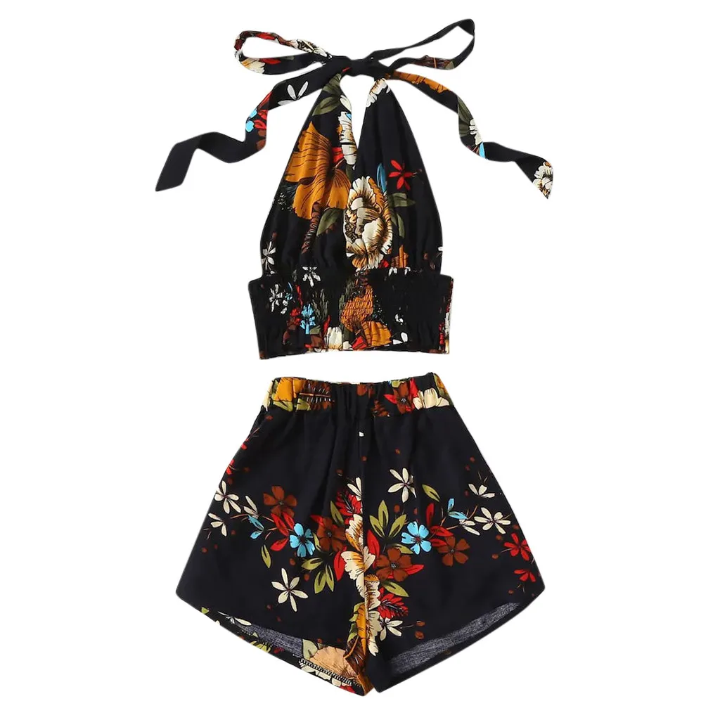 

JAYCOSIN Women Set Clothes Sexy Floral Print Two Piece Set Halter Off Shoulder Top Blouse And Short Pants Summer Casual Outfits