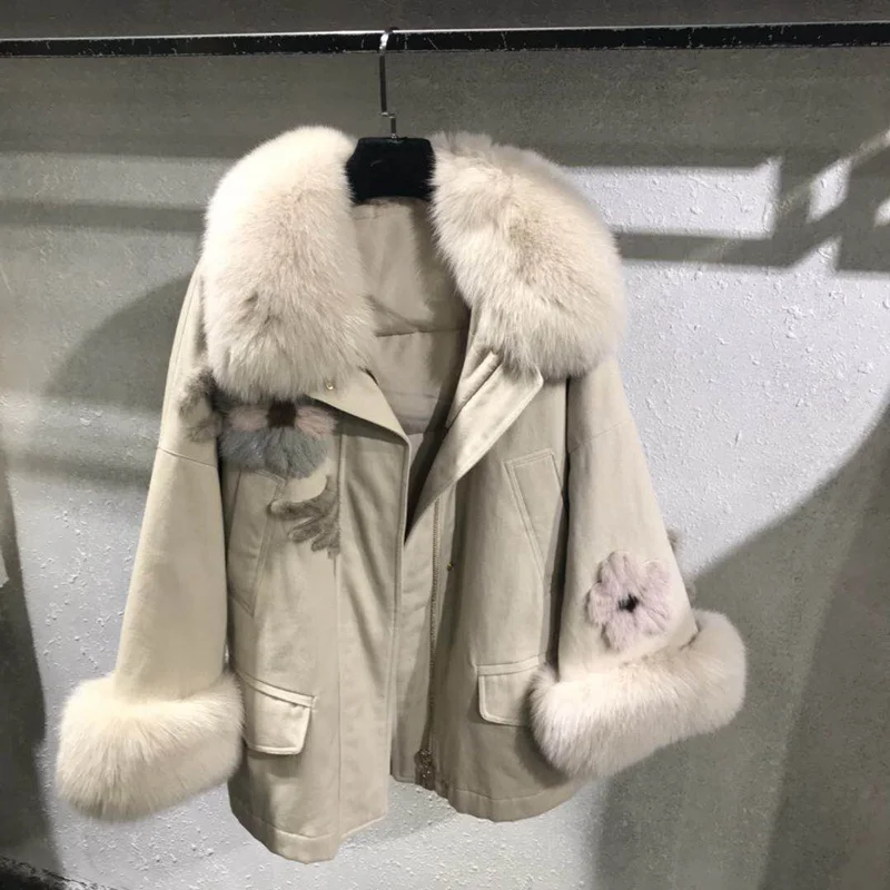 

women luxury fashion duck down coat with real fox fur collar cuff mink fur flower 2018 luxury loose big size female winter parka