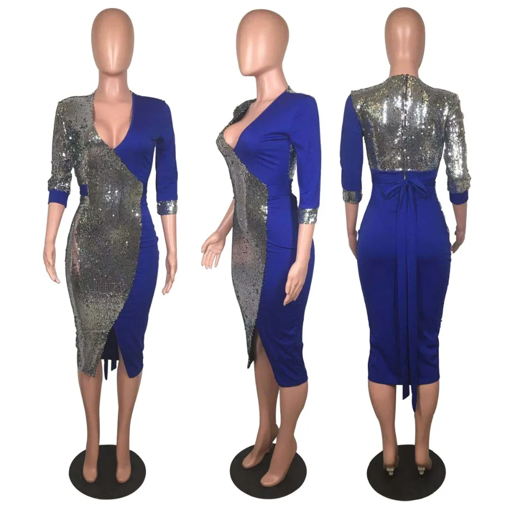 Модные сексуальные рукава блесток Тонкий Bodycon миди платье для женщин Глубокий V