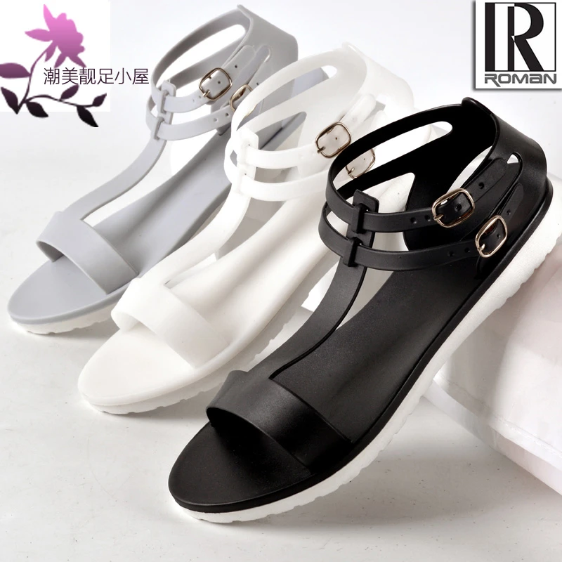 

Sandals jelly shoes female brief fashion flat foot wrapping plastic women's slip-resistant shoes t plus size 4