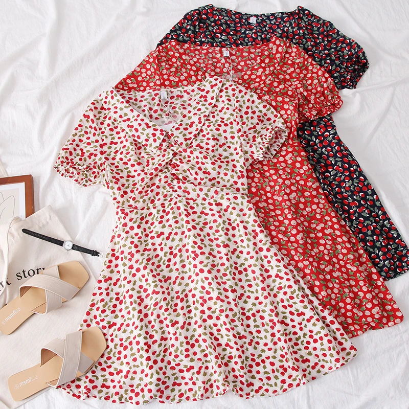 

SKOONHEID 2019 Summer Women Cherry Print Chiffon sundress elegant vintage ladies short sleeves Fashion A Line Floral vestidos
