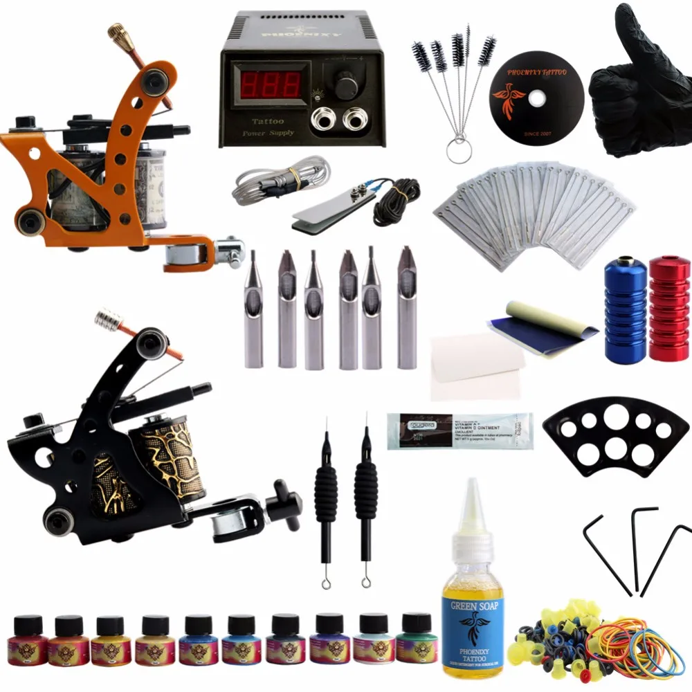 

Complete Tattoo Kit 2 Tattoo Machine Gun Set 10 Colors Ink Pigment Sets LCD Power Supply Permanent makeup Tattoo Machine Set