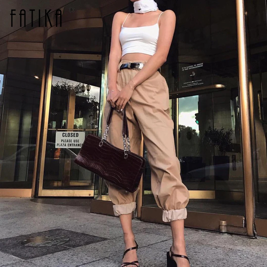 

FATIKA Ankle-Length Cargo Pants High Waist Pockets Solid Harem Pants Casual 2019 Spring Summer Hot Trousers
