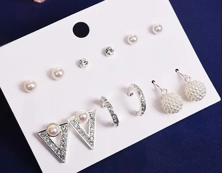 2019 Fashion 9 Pairs/Lot Plastic Anti allergy earring Pearl diamond flower Heart star Stud Earrings heart Cross Circle Earring | Украшения