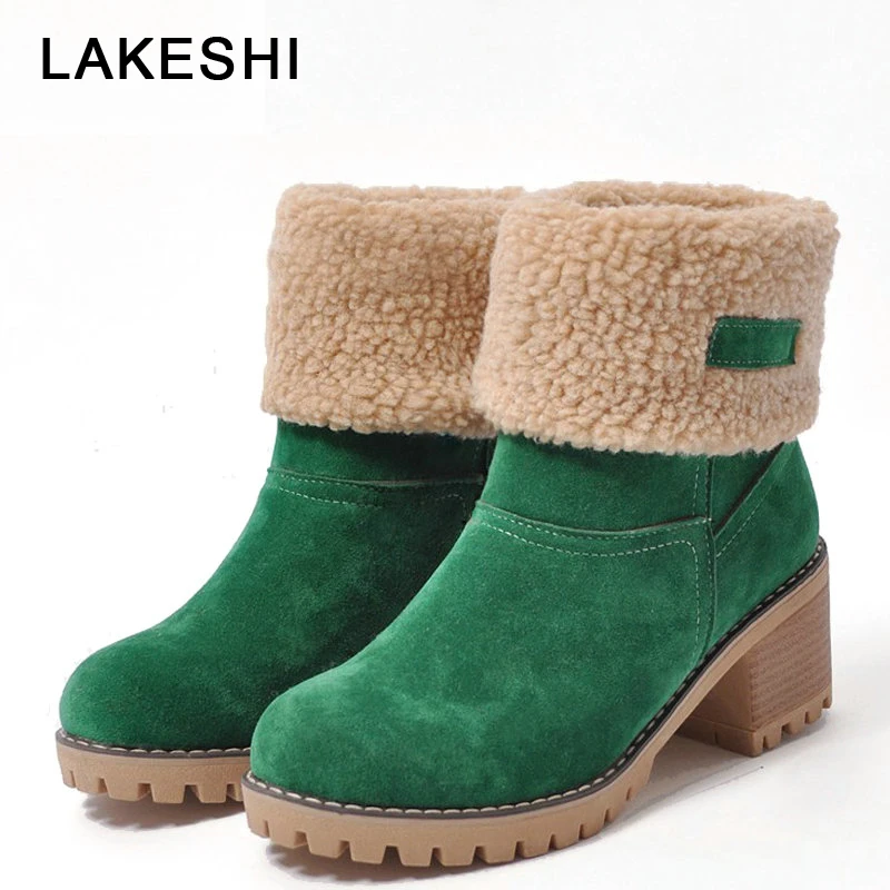

LAKESHI Brand Women Boots Winter Shoes Woman Fur Warm Snow Boots Square High Heels Ankle Boots Women Black Boots Size 43