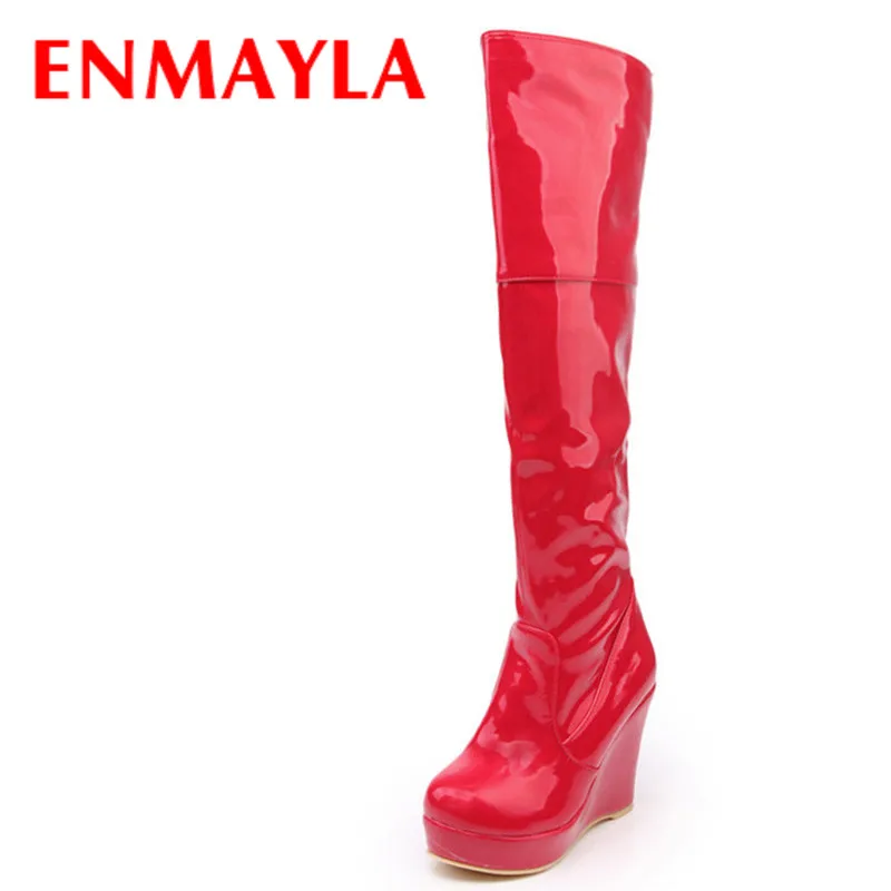 

ENMAYLA White Red Platform Wedges Boots Over-The-Knee Long Boots Women High Heels Slip On Boots For Women Spring Autumn Shoes