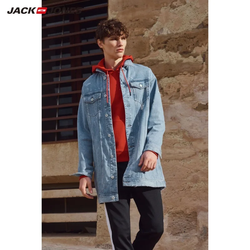 JackJones мужской хлопок средней длины рваные джинсовые пальто Длинная Куртка 219157527