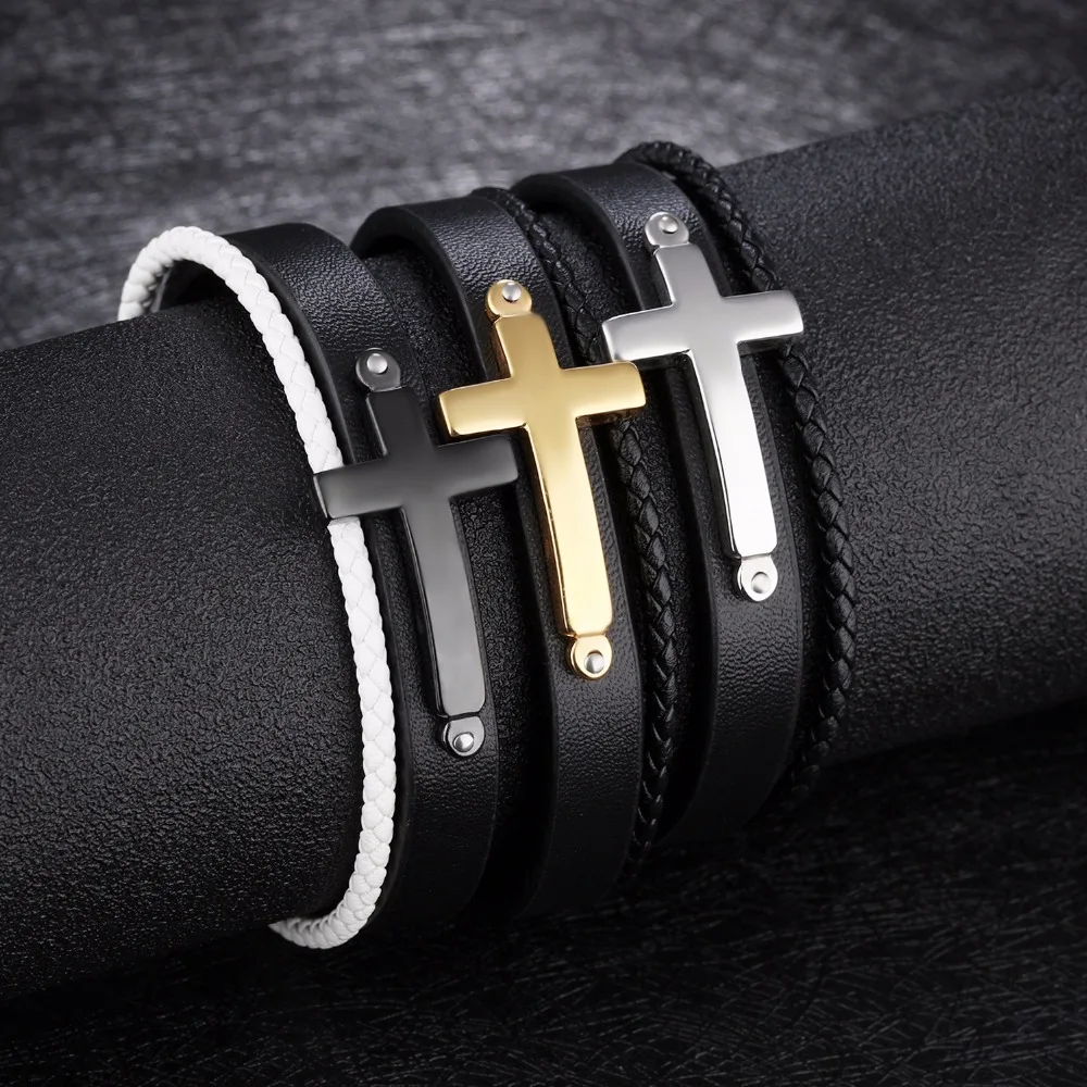

Fashion Vintage Weaving Leather Men Bracelets Personality Jewelry 3 Color Cross Bracelets For Mens Retro Charm Bracelet Bangles