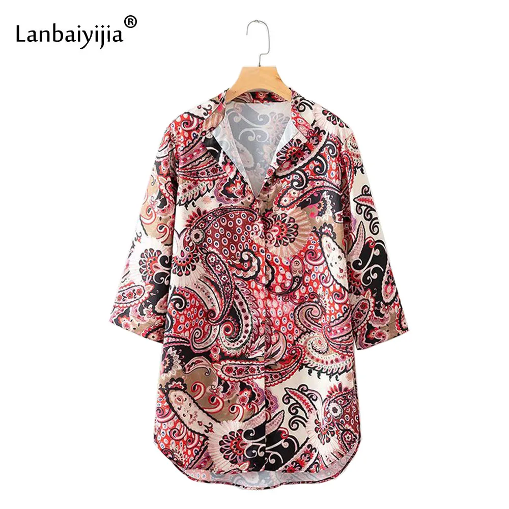 Lanbaiyijia новые моды Пейсли печати отложной воротник однобортный Для женщин блузка с длинным рукавом Повседневное длинная рубашка Для женщин