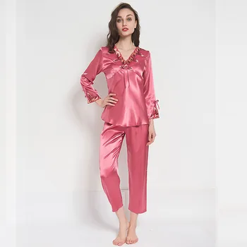 

Spring Autumn Sexy Rayon Female Sleepwear Floral Long Sleeve 2PCS Pajamas Set Casual V-Neck Sleep Set High Quality Home Wear
