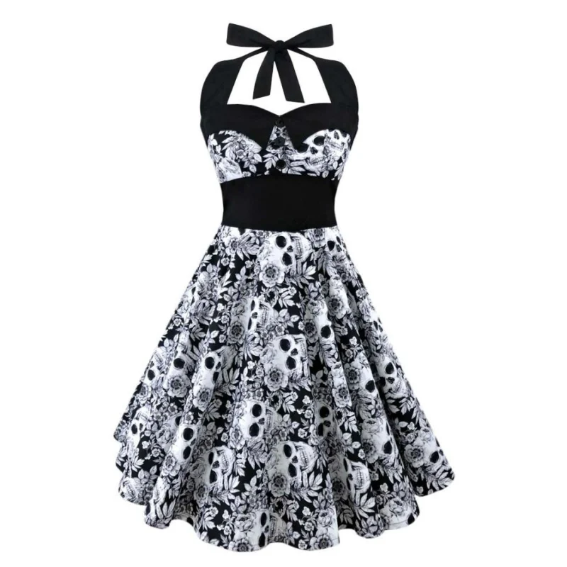 

2017 Summer New Large Size Printed Dress Women Punk Strapless Halter Party Dresses Bowknot Self Gothic Vestidos Clothing Swing