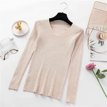 

Solid Color Autumn Winter Sweater Women Knitted Sweater Pullovers long sleeve Tops Casual V-neck Basic Bottoming Office 2018