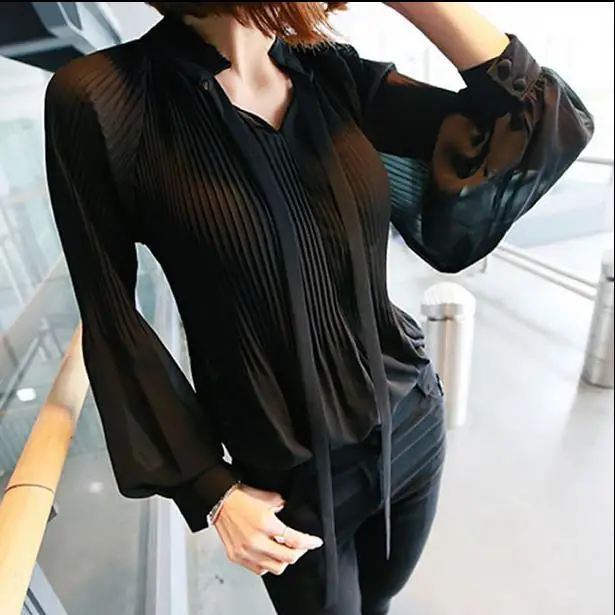 

2018 Spring Long Lantern Sleeve Bow Tie Chiffon Shirts Women Casual Loose Pleated Chiffon Blouses Women Pleated Chiffon Tops