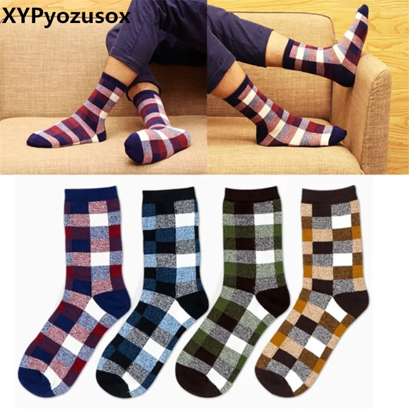 Mens Combed Cotton Happy Socks Colorful Grid Diamond Casual Dress Socks 9 Colors