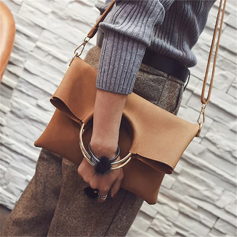 Женские осенние сумочки с круглой металлической ручкой, замшевые сумки-тоут, Прямая поставка, модные женские клатчи - Цвет: brown