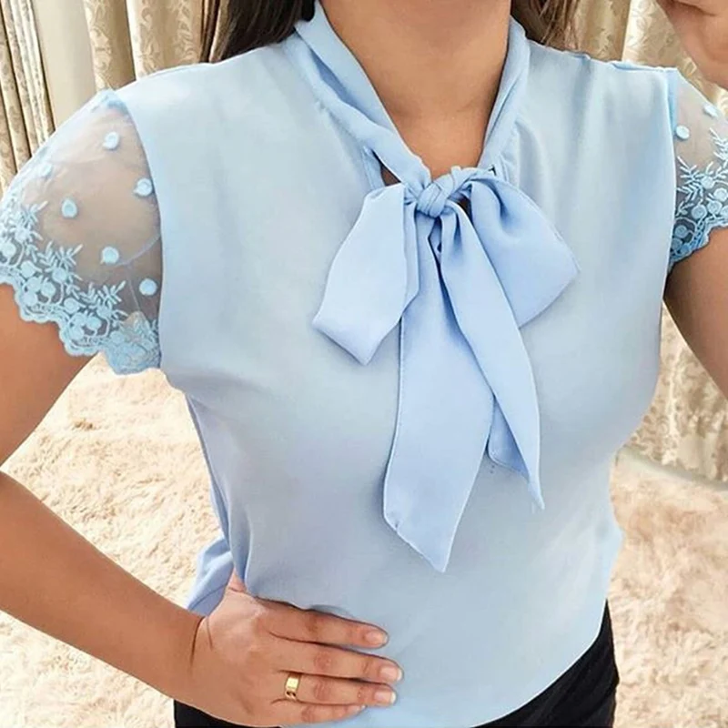 Umeko Lace Up Bow Tie Shirt 2019 Summer Short Sleeve Chiffon Casual Blouse Plus Size 5xl Office Lady Blusas