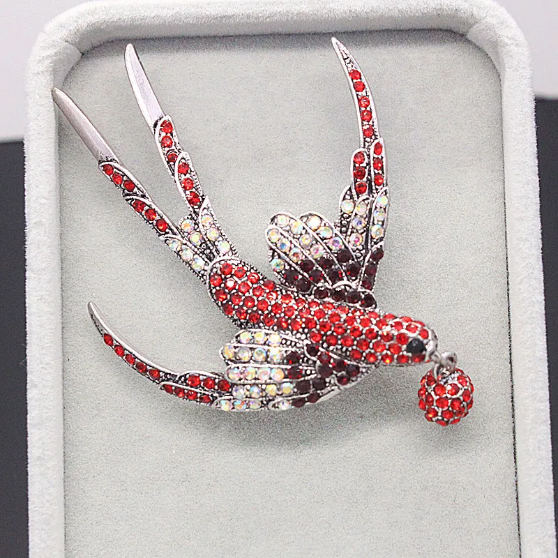 

Ajojewel Vintage Handmade Full of Blue/ Red Rhinestones Swallow Brooch For Women New Spring Jewelry
