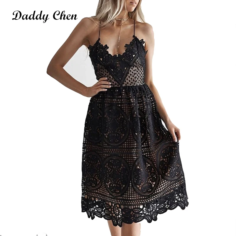 

Daddy Chen Sexy Bandage Dress Summer Lace Dress Women Lace Floral Elegant Vintage V Neck Backless Evening Dress Mid Calf Vestido