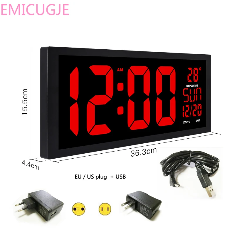  EU/US power plug red LED wall clock Table Clock dual-use Office Decor USB modern design Home large  - 33016180196