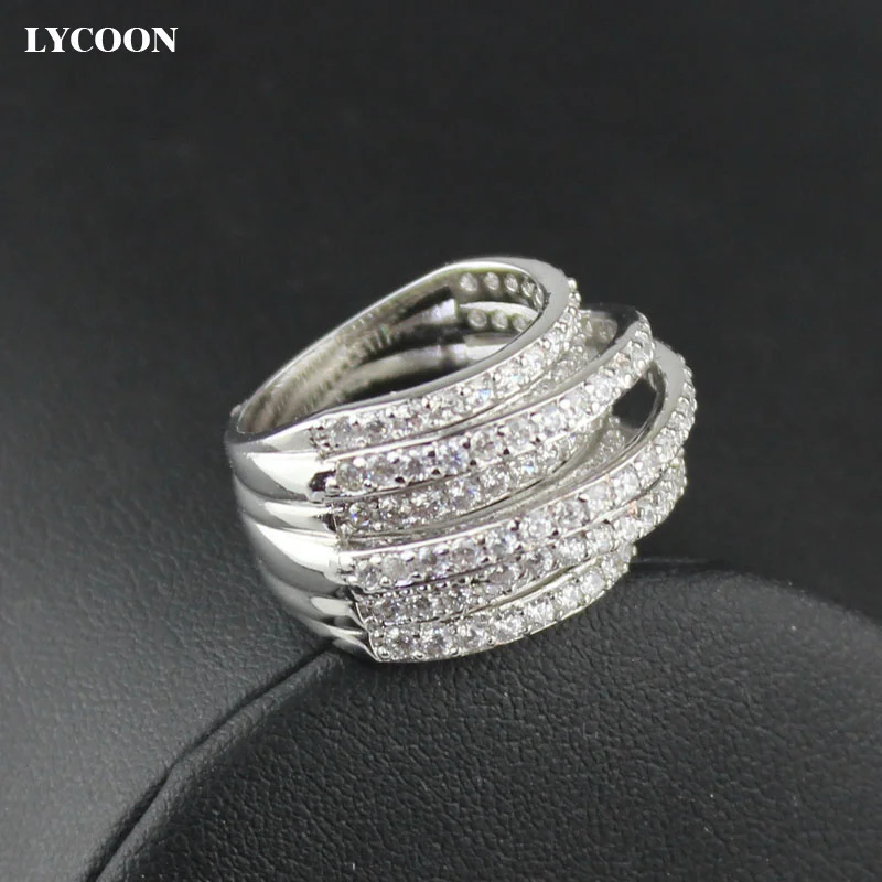 LYCOON newest elegant strip style irregular wedding rings silver plated prong setting Cubic Zirconia luxury party ring for women